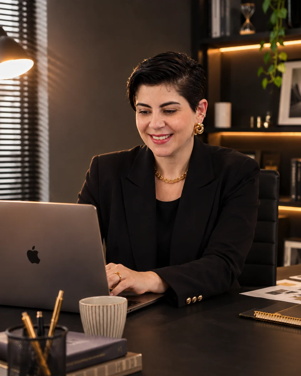 Mônica Oliveira, sócia da QG21 Studio, operando a gestão de conteúdo