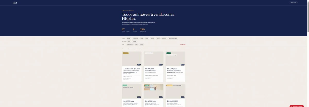 Catálogo de imóveis da HBplan, com 27 imóveis à venda em 8 cidades