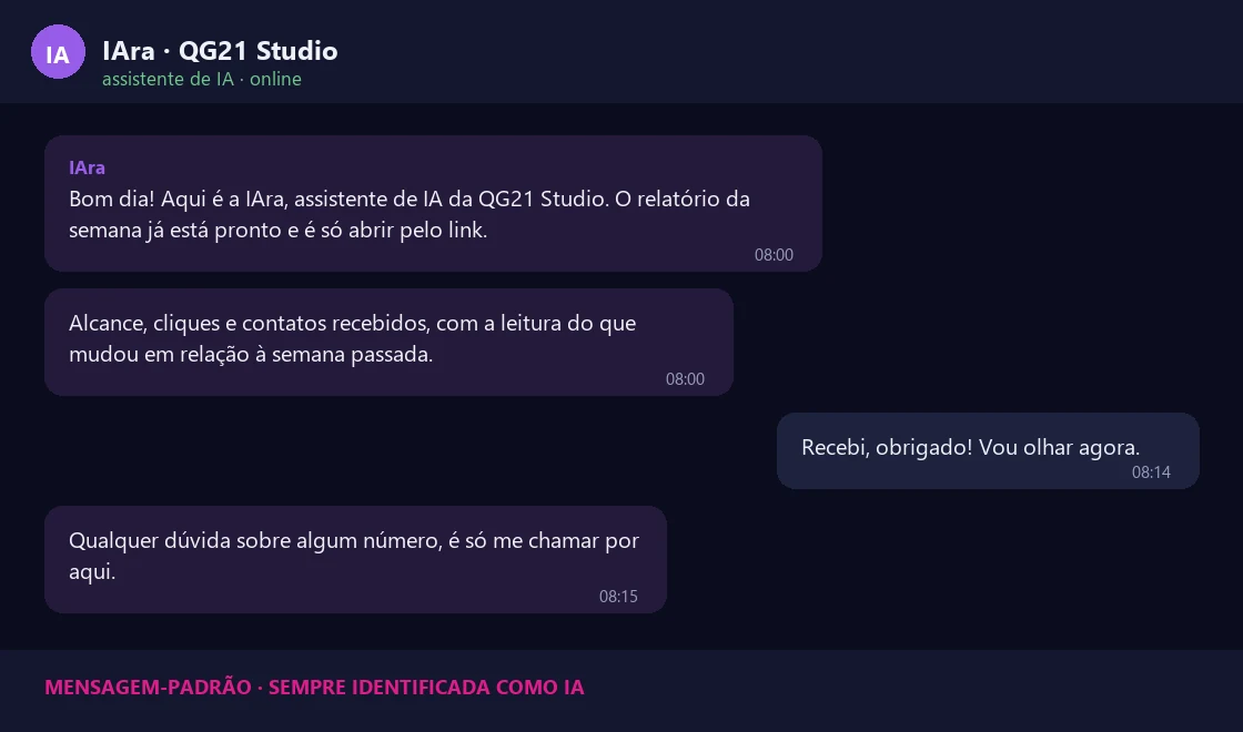 Mensagem-padrão da IAra, sempre identificada como IA