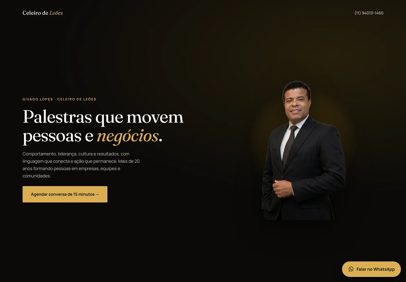 Landing page da Celeiro de Leões — Palestras corporativas · Givago Lopes
